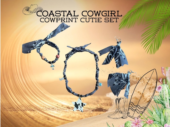 Coastal Cowgirl, Cowprint Cutie, Bandana Jewelry Set, Boho Western, Rodeo Concert Festival Outfit