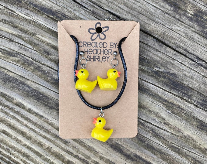 Rubber Duck Earrings and Necklace Gift Set, Yellow Duck Set, Rubber Duck Necklace, Teen, Fall, Novelty Fun Gifts, Kids Teens Gifts