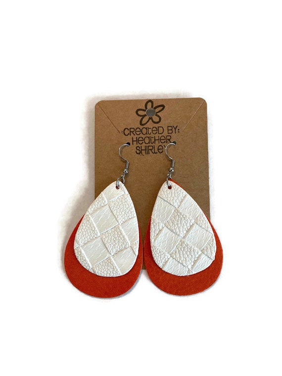 Orange and White Faux Leather Football Teardrop Layered Earrings, College Earrings, Tailgate Parties, Fall Earrings, Football, Gifts, Sports