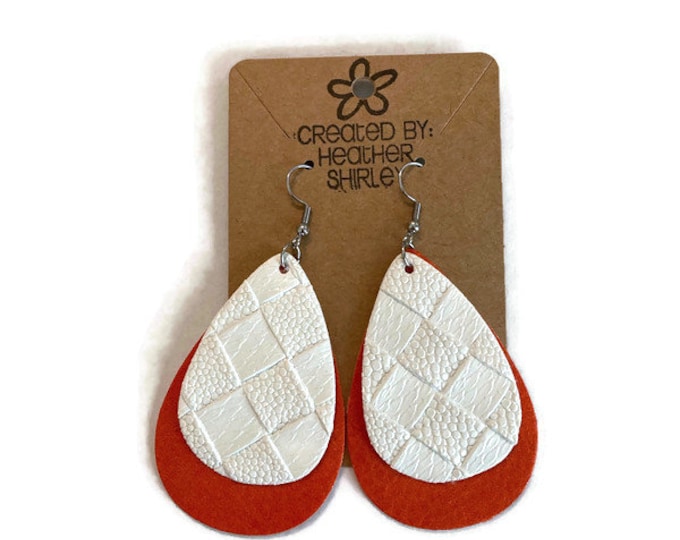 Orange and White Faux Leather Football Teardrop Layered Earrings, College Earrings, Tailgate Parties, Summer Earrings, Football, Gifts