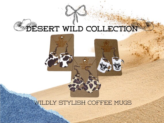 Faux Leather Coffee Mug Earrings, Cow Print, Leopard, Western Cowgirl Jewelry