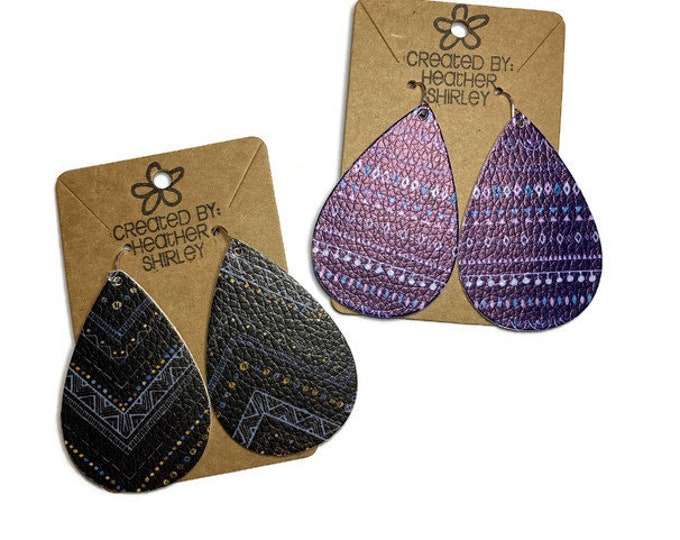 Aztec Print Double Sided Faux Leather Earrings, Purple Navy Turquoise Orange, Western Rodeo Earrings, Fall Earrings, Gifts, Teacher Gifts