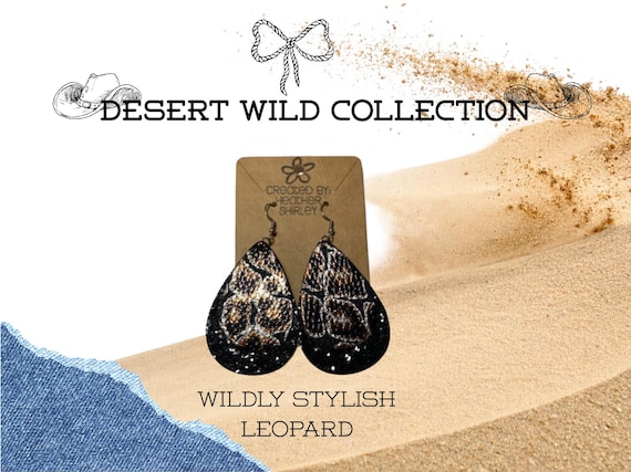 Metallic Leopard Faux Leather Earrings with Black Glitter, Western Cowgirl, Desert Wild Collection