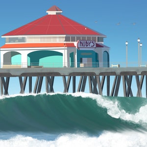 Peut inclure: Un bâtiment rouge et blanc avec le texte "RUBY'S" sur le côté, est situé sur une jetée au-dessus d'une grande vague océanique. La jetée a de nombreuses poutres de soutien grises.