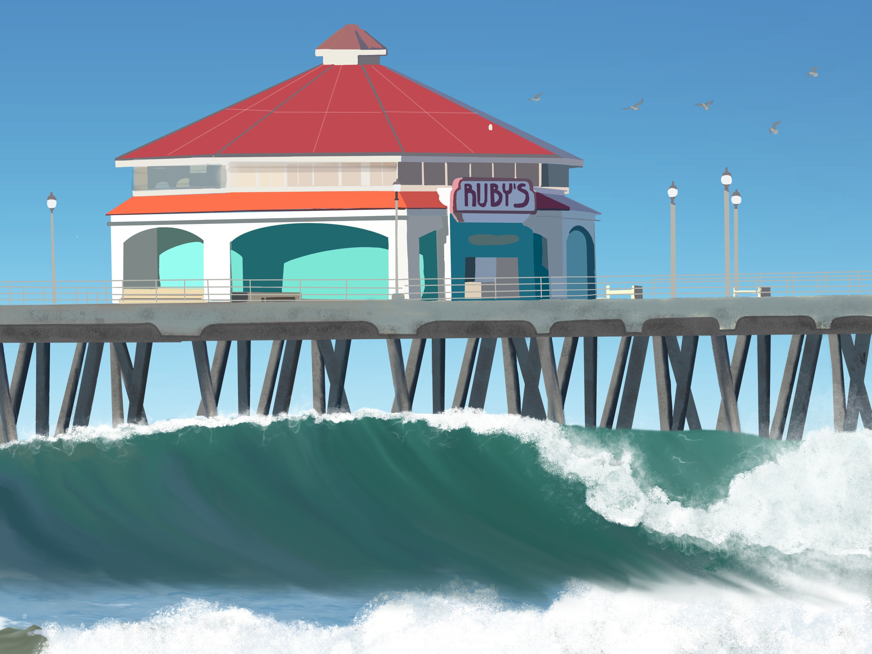 Huntington Beach Pier Kunstwerk, Surf inspiriert Giclée Kunstdruck