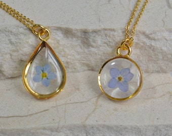 Pressed Forget Me Not Flower Necklace: 14k Gold Plated Resin Jewelry