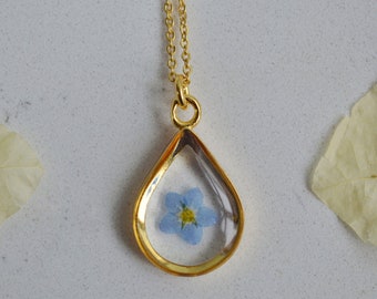Forget Me Not Necklace: Real Dried Flower, Gold Plated Resin Teardrop