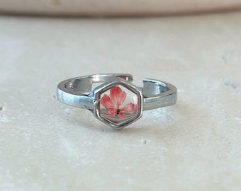 Real Dried Flower Resin Ring: Botanical Jewelry, Adjustable Band