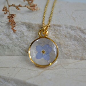 Pressed Forget-Me-Not Flower Necklace: Gold Plated Resin Botanical Pendant