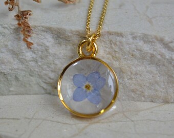 Pressed Forget-Me-Not Flower Necklace: Gold Plated Resin Botanical Pendant