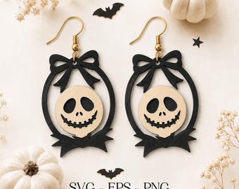 Halloween Skeleton Bow Earrings SVG, Skeleton Face Earring, Spooky Jewelry SVG, Engraving Pattern, Laser Cut Earring, Glowforge xTool CNC