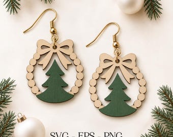 Christmas Tree Wreath Earrings SVG, Christmas Tree with Bow Earrings, Wood Earring SVG, Glowforge File, Laser Cut File, Holiday Jewelry
