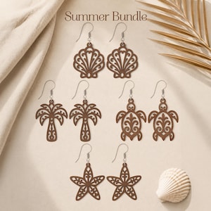 May include: A set of four pairs of brown laser-cut wooden earrings featuring seashell, palm tree, sea turtle, and starfish shapes with silver-toned metal hooks. The text Summer Bundle is printed at the top of the display of these dangling earrings.