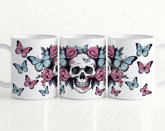 Floral Skull 15oz Mug Wrap, Pink Butterfly 15oz Mug Design PNG, Butterflies Mug Png, Skull Sublimation PNG, Floral Skull Png
