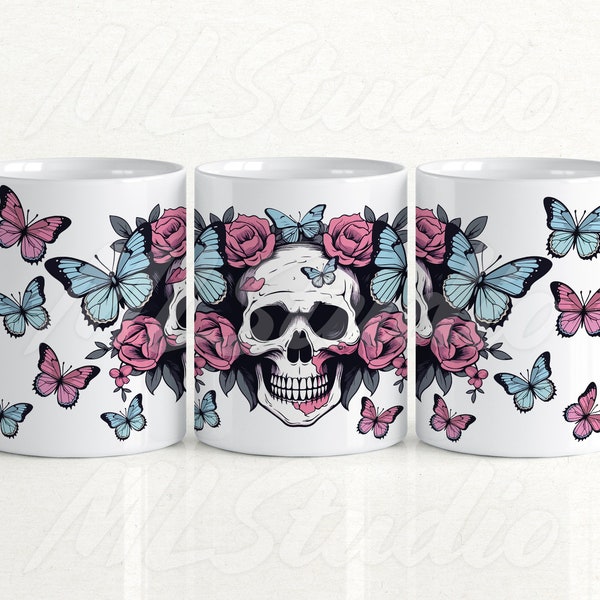 Floral Skull 15oz Mug Wrap, Pink Butterfly 15oz Mug Design PNG, Butterflies Mug Png, Skull Sublimation PNG, Floral Skull Png