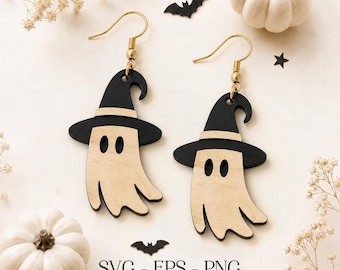 Ghost Witch Hat Earrings SVG, Halloween Ghost Earrings Svg, Cute Ghost Jewelry, Wood Earring Svg, Glowforge File, Laser Cut, Digital File