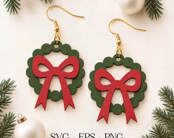 Christmas Wreath Earrings SVG, Christmas Bow Earrings, Layered Wood Earring SVG, Glowforge File, Laser Cut File, Holiday Jewelry, Png Eps