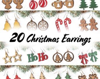 Christmas Wood Earrings Svg Bundle, 20 Wood Earrings SVG, Christmas Ornaments Svg, Engraving Pattern Svg, Glowforge Earrings, Laser Cut File