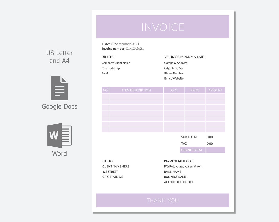 invoice template word invoice google docs editable purple etsy