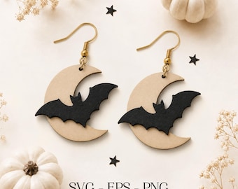 Bat Moon Earring SVG, Halloween Bat Earrings, Moon Earring SVG, Witchy Jewelry Svg, Wood Earring Svg, Engraving Pattern Svg, Glowforge File