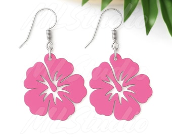 May include: A pair of pink hibiscus flower earrings with silver hooks. The earrings are cut-out designs with a detailed centre. The image includes the text "SVG - EPS - PNG".