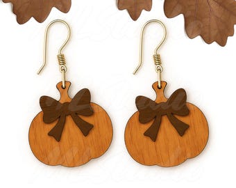 Pumpkin Earring with Bow SVG, Cute Fall Earring Svg, Pumpkin Jewelry Svg, Fall Wood Earring Svg, Glowforge Earrings, Laser Cut File
