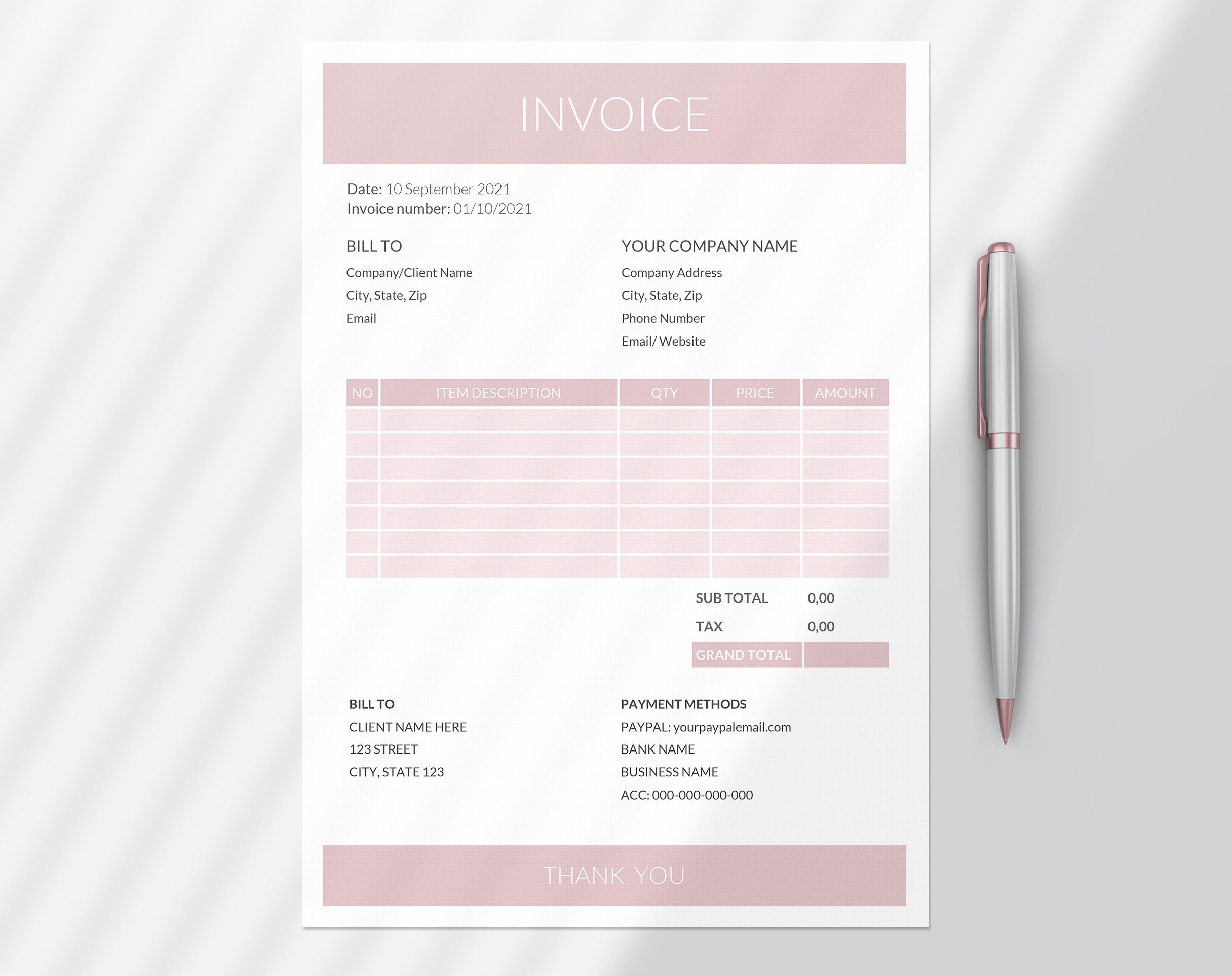 invoice template word invoice google docs editable pink etsy