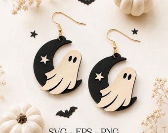 Cute Ghost Moon Earring SVG, Halloween Earrings Svg, Ghost Jewelry Svg, Wood Earring Svg, Engraving Pattern Svg, Laser Cut File Glowforge