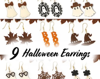 Cute Halloween Earrings SVG Bundle, Autumn Earrings, Halloween Earrings Svg, Ghost Earrings Svg, Witch Hat Earrings, Wood Earring, Glowforge