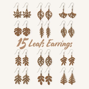 May include: A collection of fifteen pairs of brown wooden leaf earrings. The earrings feature various leaf designs, including maple, fern, and monstera. The text "15 Leafs Earrings" is displayed in a matching brown color.