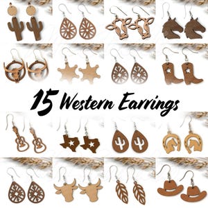 May include: A selection of 15 pairs of wooden earrings with a Western theme. Designs include cacti, flowers, cow heads, horses, sheriff stars, cowboy boots, guitars, Texas shapes, cacti, horseshoes, leaves, and cowboy hats.