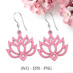 蓮の花のイヤリング SVG、花柄の木製イヤリング SVG、彫刻パターン SVG、木製イヤリング SVG、イヤリング Glowforge、レーザーカット、ボヘミアン リーフ イヤリング