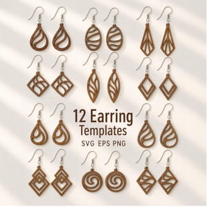 May include: Twelve wooden earring templates in diverse geometric and organic forms. The earrings are brown with silver hooks. The image includes the text "12 Earring Templates".