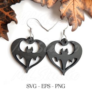 Bat in Heart Earrings SVG, Earring Svg, Engraving Pattern Svg, Wood Earring Svg, Earrings Glowforge svg, Bats Wings Svg, Laser Cut File