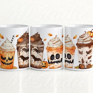 May include: Set of four white ceramic mugs with Halloween-themed designs. Each mug features a different fall-inspired beverage with whipped cream and toppings, decorated with bats, leaves, and pumpkins.