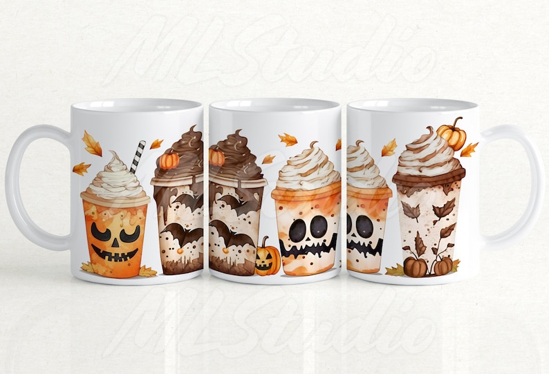 May include: Set of four white ceramic mugs with Halloween-themed designs. Each mug features a different fall-inspired beverage with whipped cream and toppings, decorated with bats, leaves, and pumpkins.