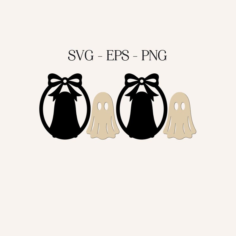 Op de afbeelding: Een digitaal grafisch ontwerp met de tekst SVG - EPS - PNG boven twee zwarte ovale kaders met strikken, elk met een zwart spooksilhouet, afgewisseld met twee beige spookfiguren met eenvoudige ovale oogopeningen.