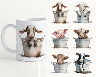 Bucket Farm Animals Png 15oz Mug Wrap, Baby Animals Sublimation, Watercolour Animals, Farm Animal in a Bucket  Png, Cute Mug Png, Goat Png