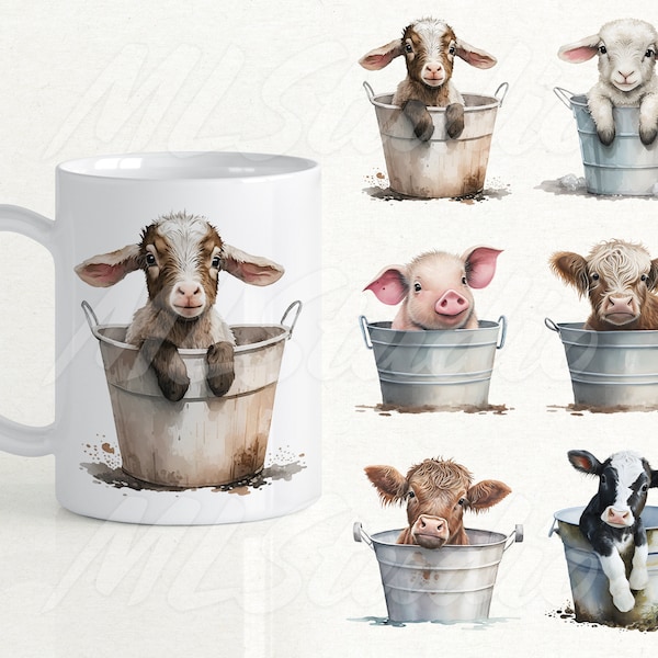 Bucket Farm Animals Png 15oz Mug Wrap, Baby Animals Sublimation, Watercolour Animals, Farm Animal in a Bucket  Png, Cute Mug Png, Goat Png