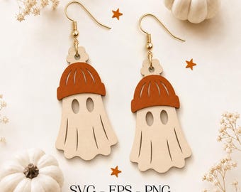 Ghost Winter Hat Earrings SVG, Halloween Ghost Earrings, Cute Ghost Jewelry SVG, Wood Earring SVG, Glowforge File, Laser Cut, Digital File