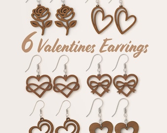 Elegante Valentijnsdag oorbellen bundel Svg, Valentijnsdag houten oorbel Svg, gravurebestand, houten oorbel Svg, oorbel Glowforge svg, laser