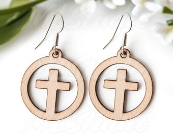 Cross in a Cricle Earring SVG, Easter Wood Earring Svg, Faux Leather Earrings Svg, Earrings Glowforge Svg, Easter Jewelry Svg, Laser Cut Svg