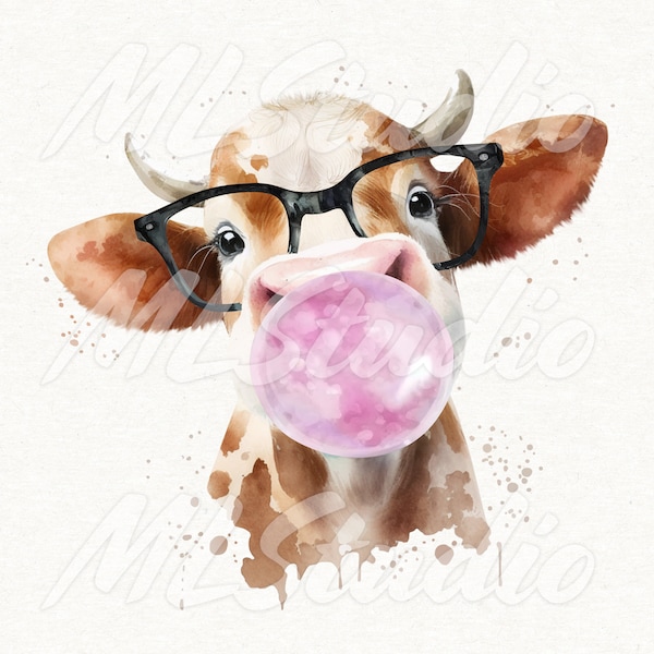 Cow with Bubblegum PNG, Cow with Bubblegum and Glasses Png, Blowing Bubbles Png, Watercolour Cow Png, Farm Animal Png, Animal Sublimation