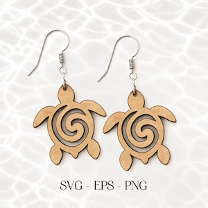 May include: A pair of wooden turtle earrings with silver-colored fish hook ear wires. The turtles are light brown with a spiral design in the center. The text "SVG - EPS - PNG" is at the bottom.