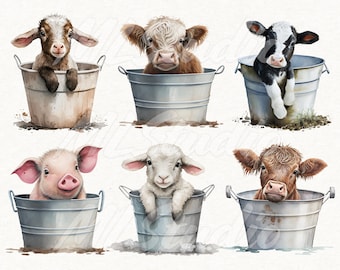 Animales de granja en un cubo PNG, cerdo PNG, sublimación de animales bebés, animales de acuarela, animales de granja PNG, vaca PNG, cabra PNG, oveja PNG