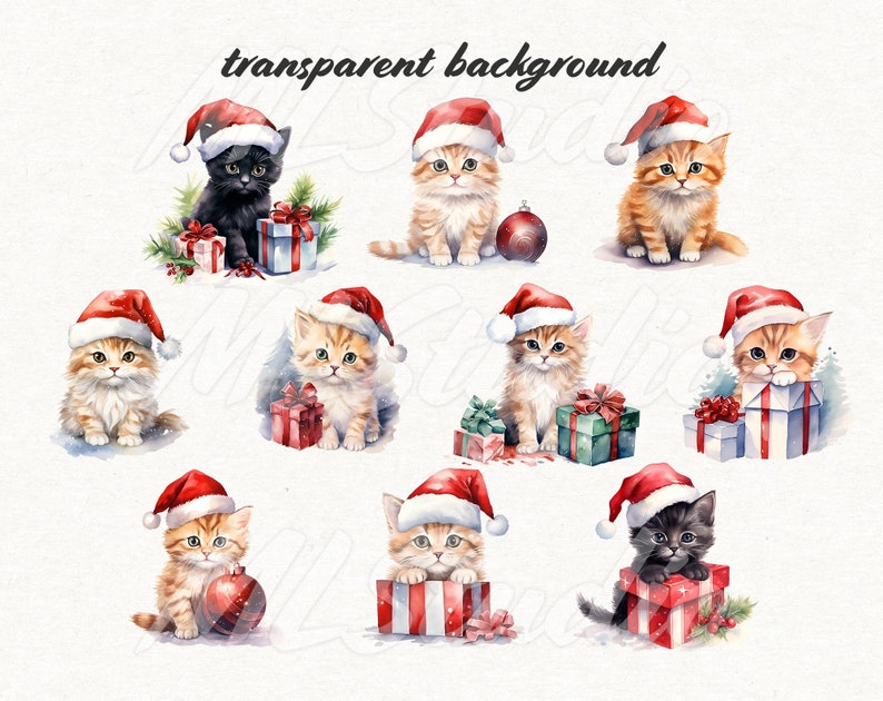 May include: Nine watercolour illustrations of cats wearing Santa hats and holding Christmas presents. The cats are all different colours and have different expressions. The background is transparent.