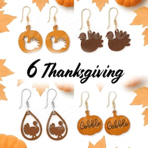 Puede incluir: Un conjunto de seis pares de pendientes con temática de Acción de Gracias. Los pendientes presentan diseños de calabaza y pavo en naranja y marrón, con ganchos dorados y plateados. El texto "6 Thanksgiving" se muestra en cursiva negra.
