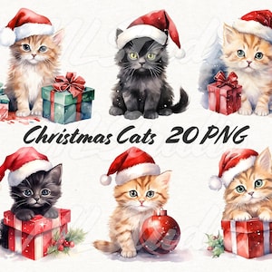 May include: Six watercolour illustrations of cats wearing Santa hats and holding Christmas gifts. The cats are all different colours and have different expressions. The illustrations are set against a white background.
