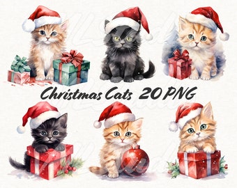 Gatos de Navidad PNG, Clipart de Navidad, Acuarela Gato de Navidad Png, Decoración de Navidad PNG, Scrapbooking PNG, Acuarela PNG, Gatito PNG