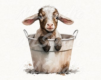 Baby geit in een emmer PNG, geit PNG, geit sublimatie, aquarel geit, boerderij dieren PNG, aquarel clipart, dierlijke sublimatie